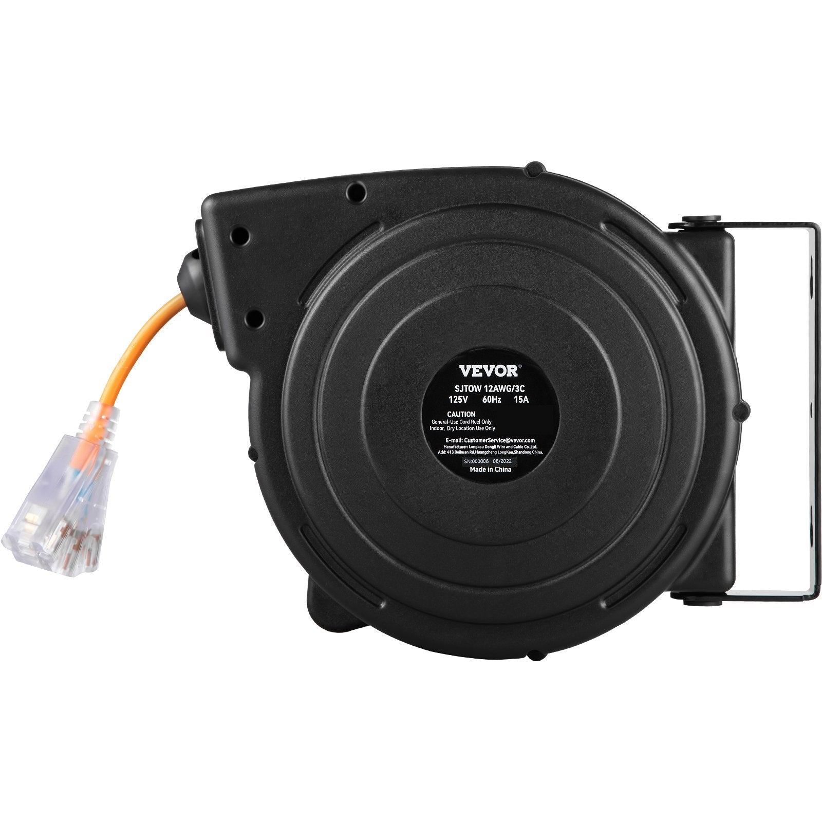 VEVOR Retractable Extension Reel, Heavy Duty 12AWG/3C SJTOW Power Cord 45 FT 12AWG, Black