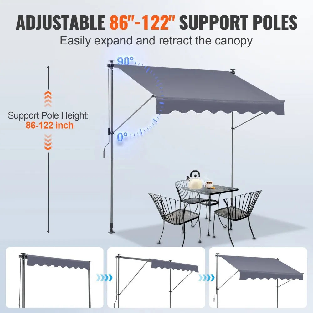 VEVOR Manual Retractable Awning, 118" Outdoor Retractable Patio Awning Sunshade Shelter, Adjustable Patio Door Window Awning Canopy with 39" Sun Shade Curtain for Backyard, Garden, Balcony