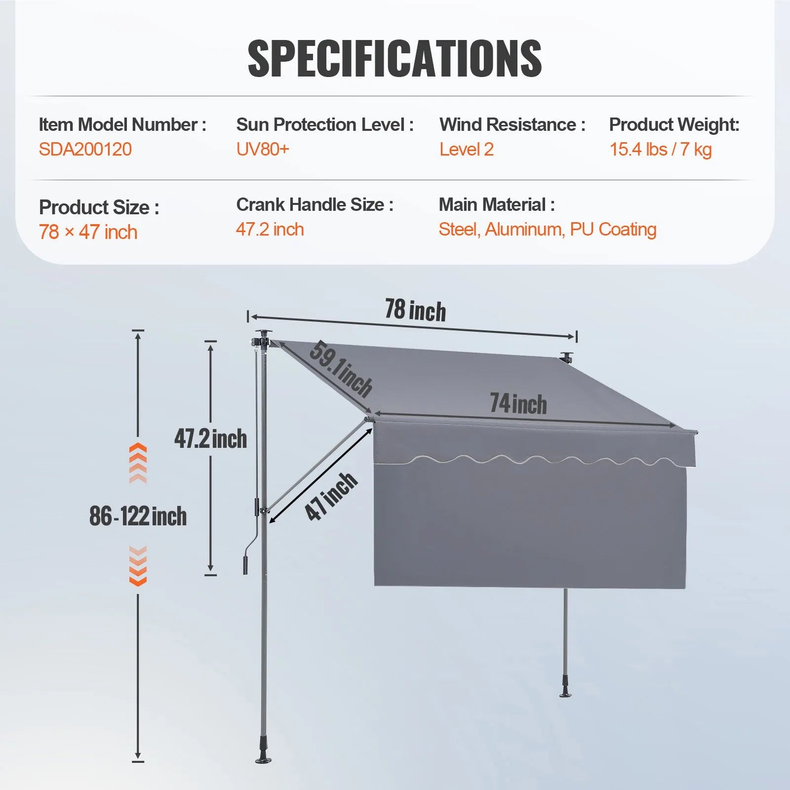 VEVOR Manual Retractable Awning, 78" Outdoor Retractable Patio Awning Sunshade Shelter, Adjustable Patio Door Window Awning Canopy with 39" Sun Shade Curtain for Backyard, Garden, Balcony