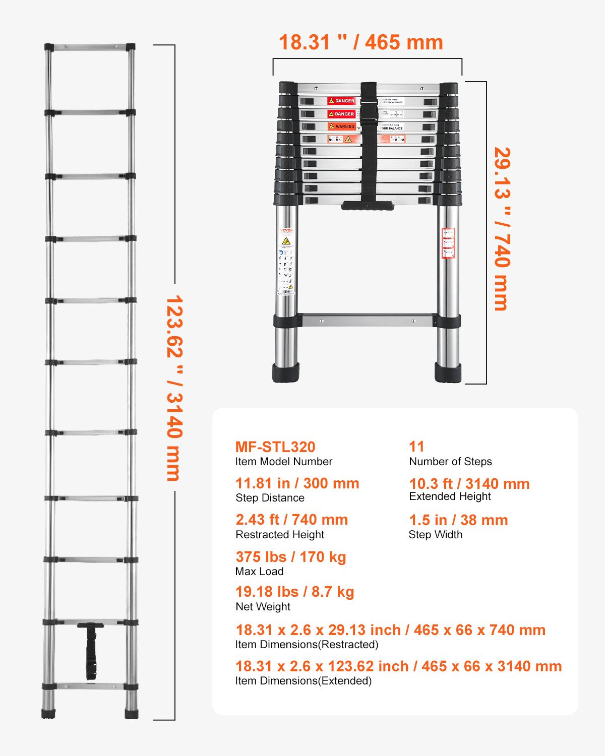VEVOR Telescoping Ladder Stainless Steel Extension Step 10.5ft Portable Ladders