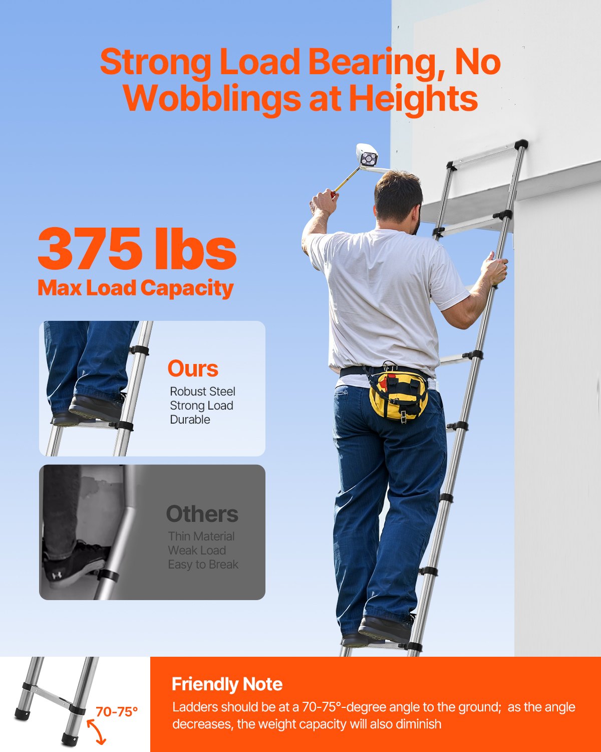 VEVOR Telescoping Ladder Stainless Steel Extension Step 12.5ft Portable Ladders