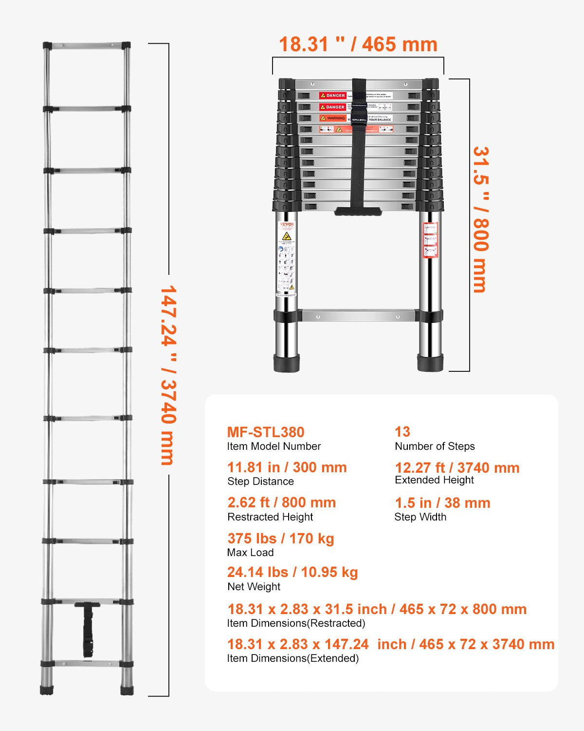 VEVOR Telescoping Ladder Stainless Steel Extension Step 12.5ft Portable Ladders