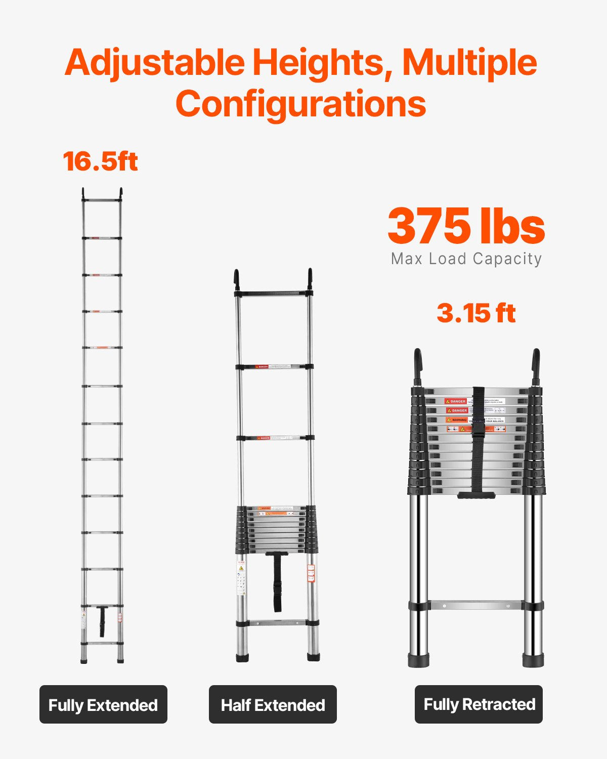 VEVOR Telescoping Ladder Stainless Steel Extension Step 16.5ft Portable Ladders