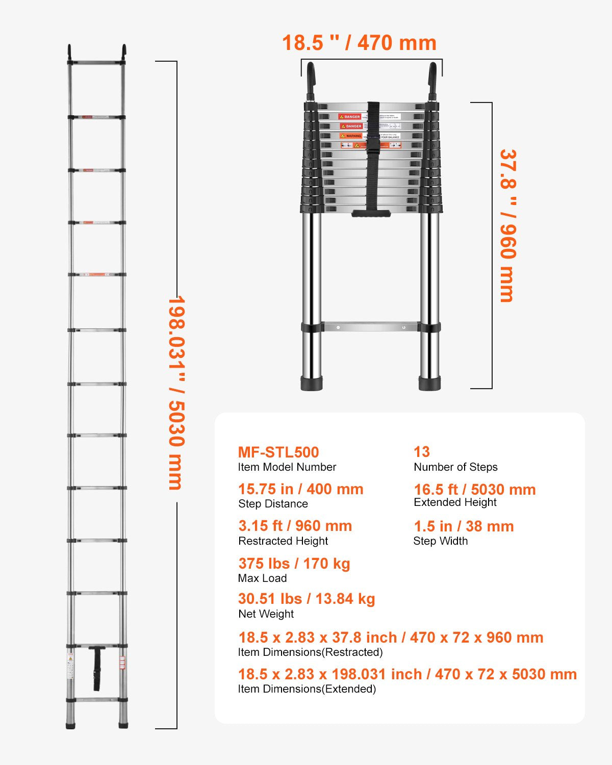 VEVOR Telescoping Ladder Stainless Steel Extension Step 16.5ft Portable Ladders