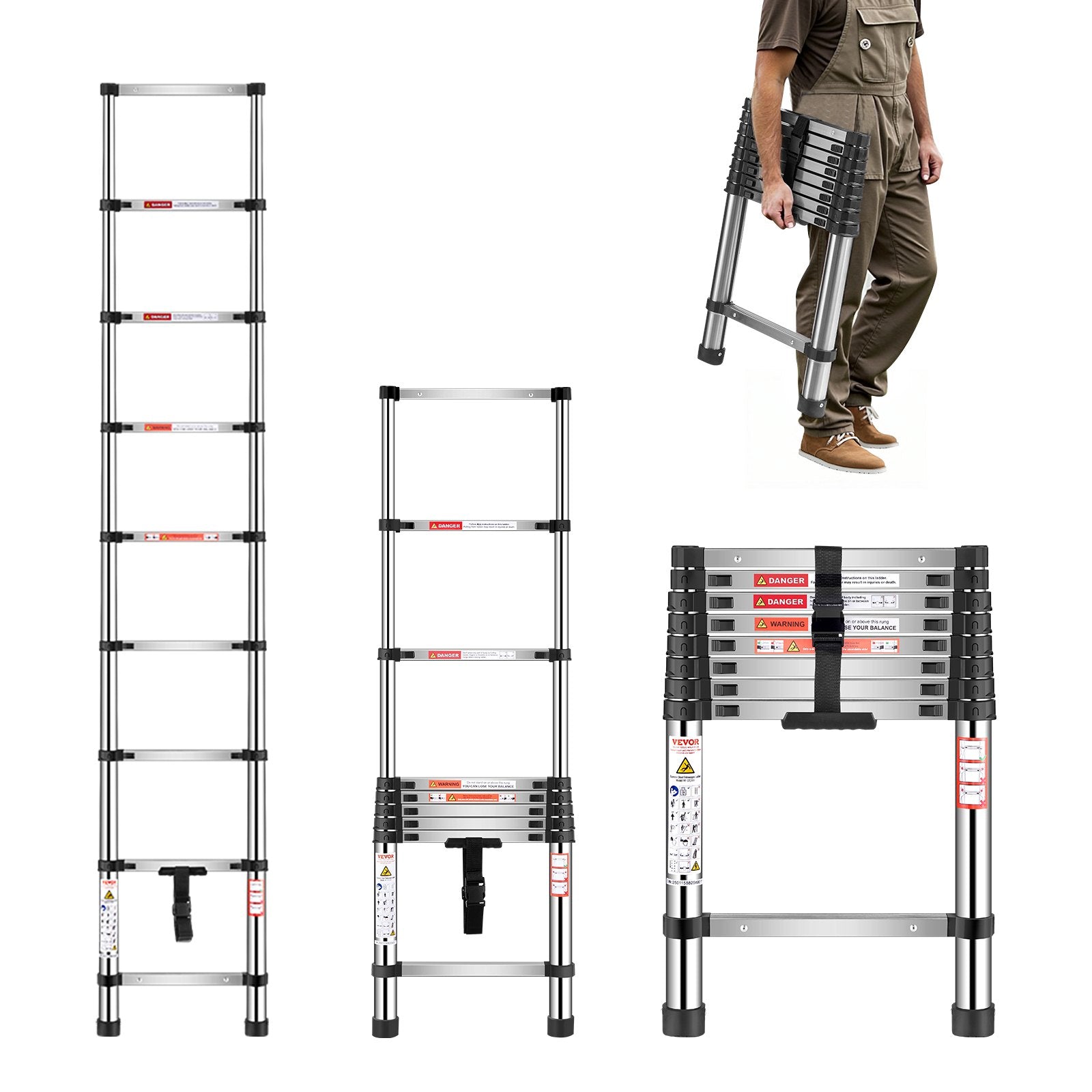 VEVOR Telescoping Ladder Stainless Steel Extension Step 8.5ft Portable Ladders