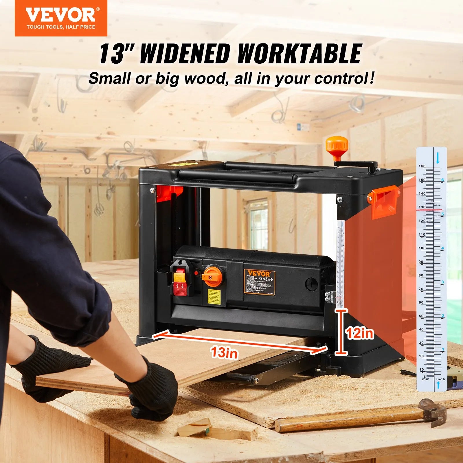 VEVOR Thickness Planer, Two Speed, 13" Width Worktable Benchtop Planer, Three-Blade, 15-Amp 2000W Powerful Motor, 12" Extended Infeeding Table, Low Noise for both hard & soft wood material removal