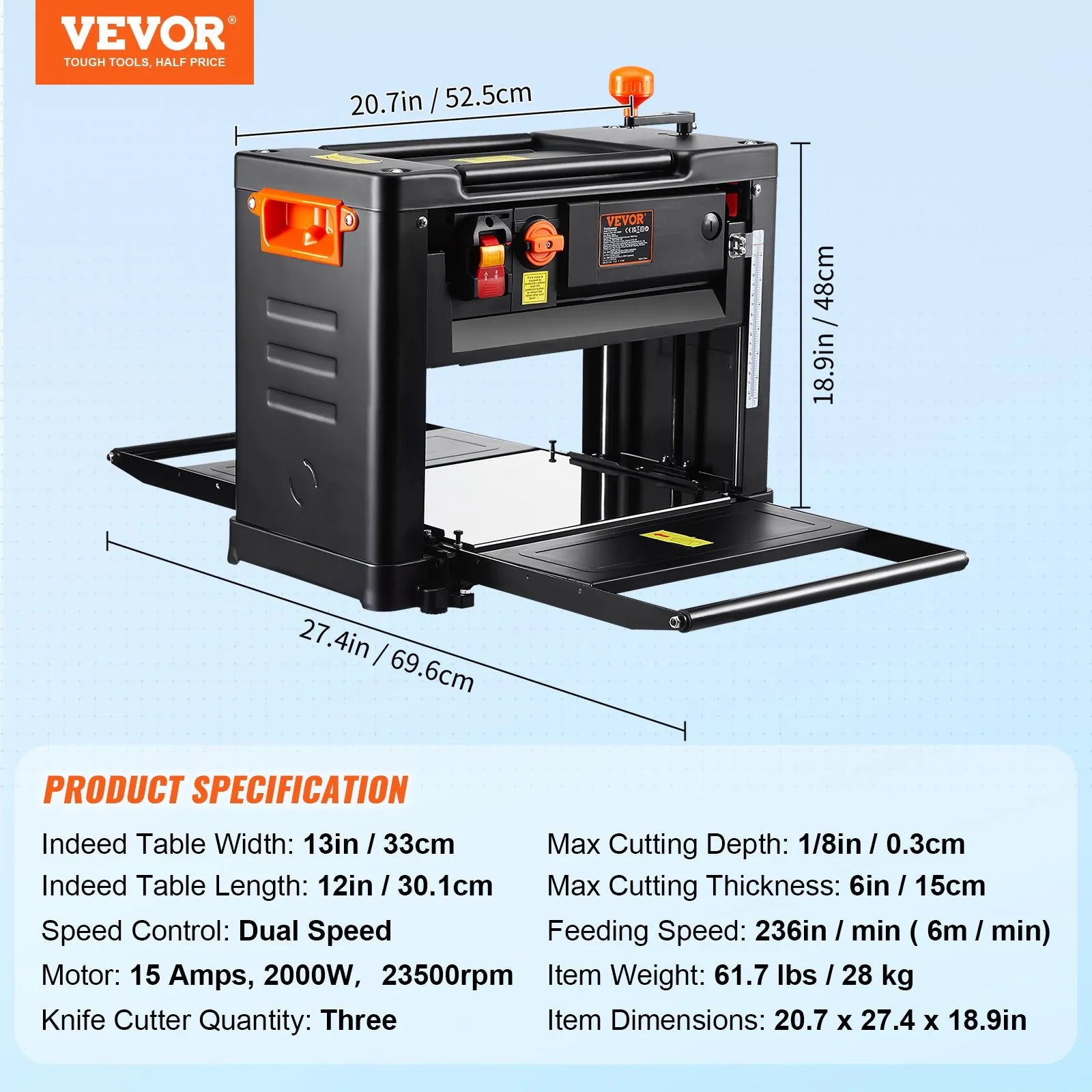 VEVOR Thickness Planer, Two Speed, 13" Width Worktable Benchtop Planer, Three-Blade, 15-Amp 2000W Powerful Motor, 12" Extended Infeeding Table, Low Noise for both hard & soft wood material removal