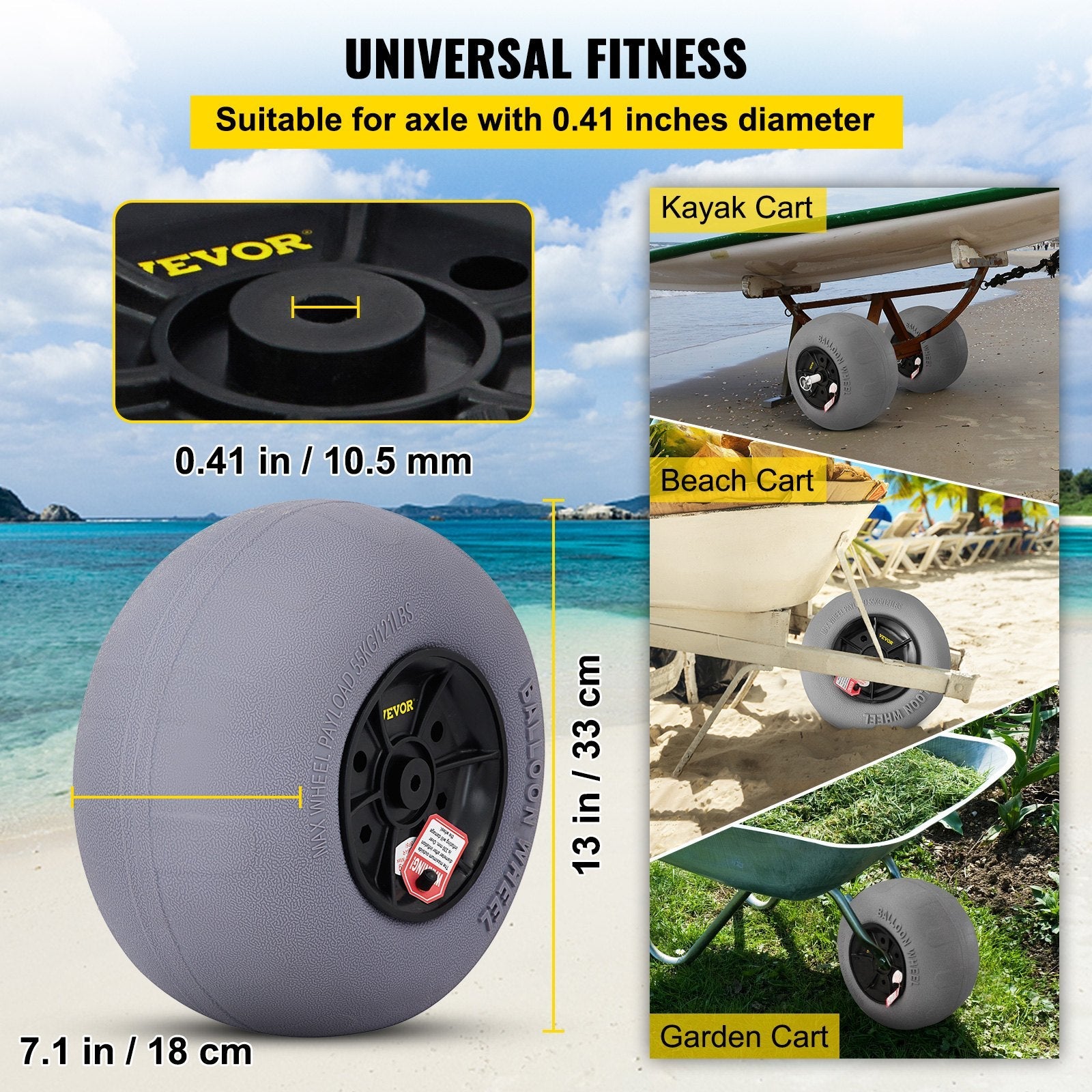 VEVOR Beach Balloon Wheels, 13" Replacement Sand Tires with 32" Stainless Steel Axle, TPU Cart Tires for Kayak Dolly, Canoe Cart and Buggy w/ Free Air Pump, 2-Pack