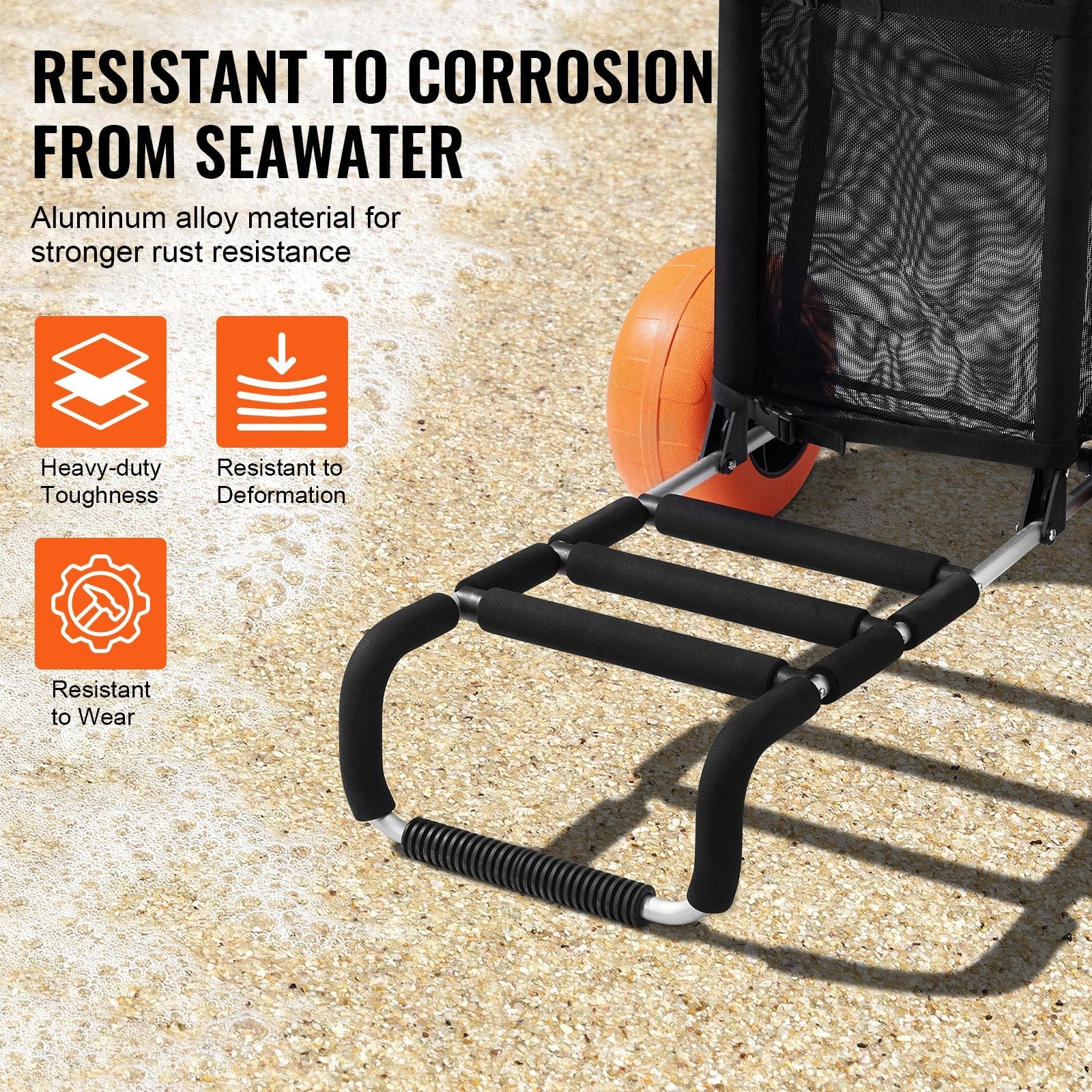 VEVOR Beach Dolly with Big Wheels for Sand, 29.9" x 15.4" Cargo Deck, w/ 12" Foam Wheels, 165LBS Loading Capacity Folding Sand Cart & 27" to 44.7" Adjustable Height, Heavy Duty Cart for Beach