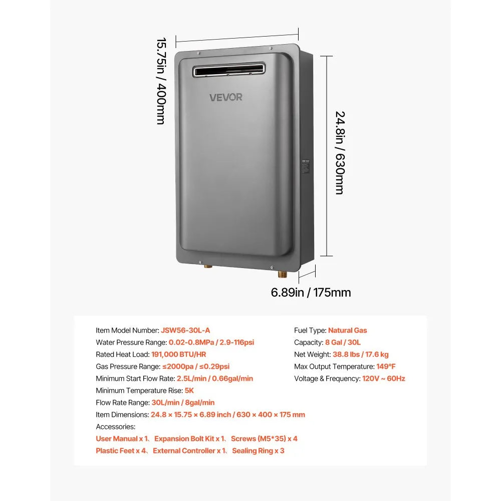 VEVOR Gas Tankless Water Heater 8Gal 191000 BTU Smart Temp Control