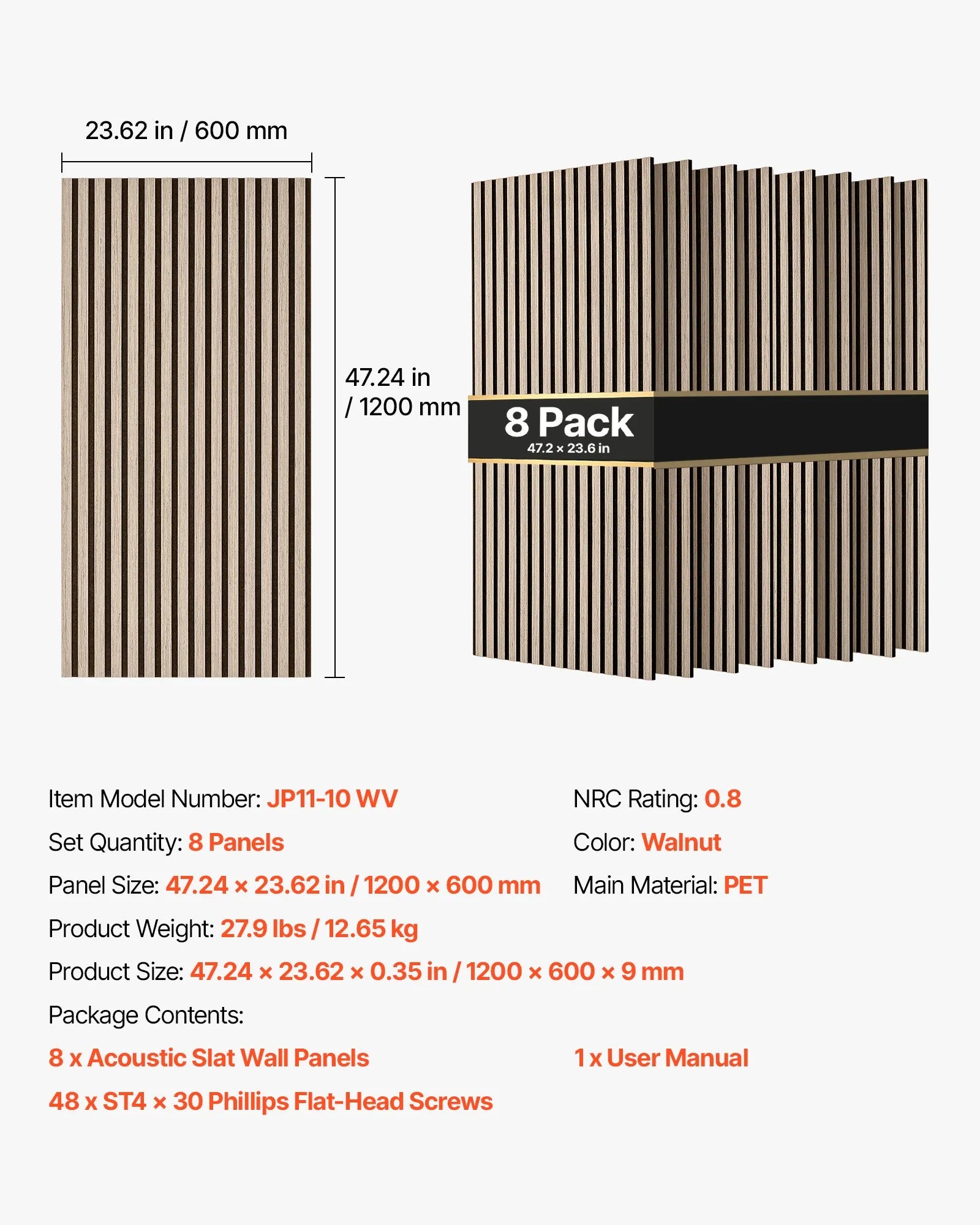 Wood Acoustic Slat Wall Panels – 8-Pack, 47.2" x 23.6"