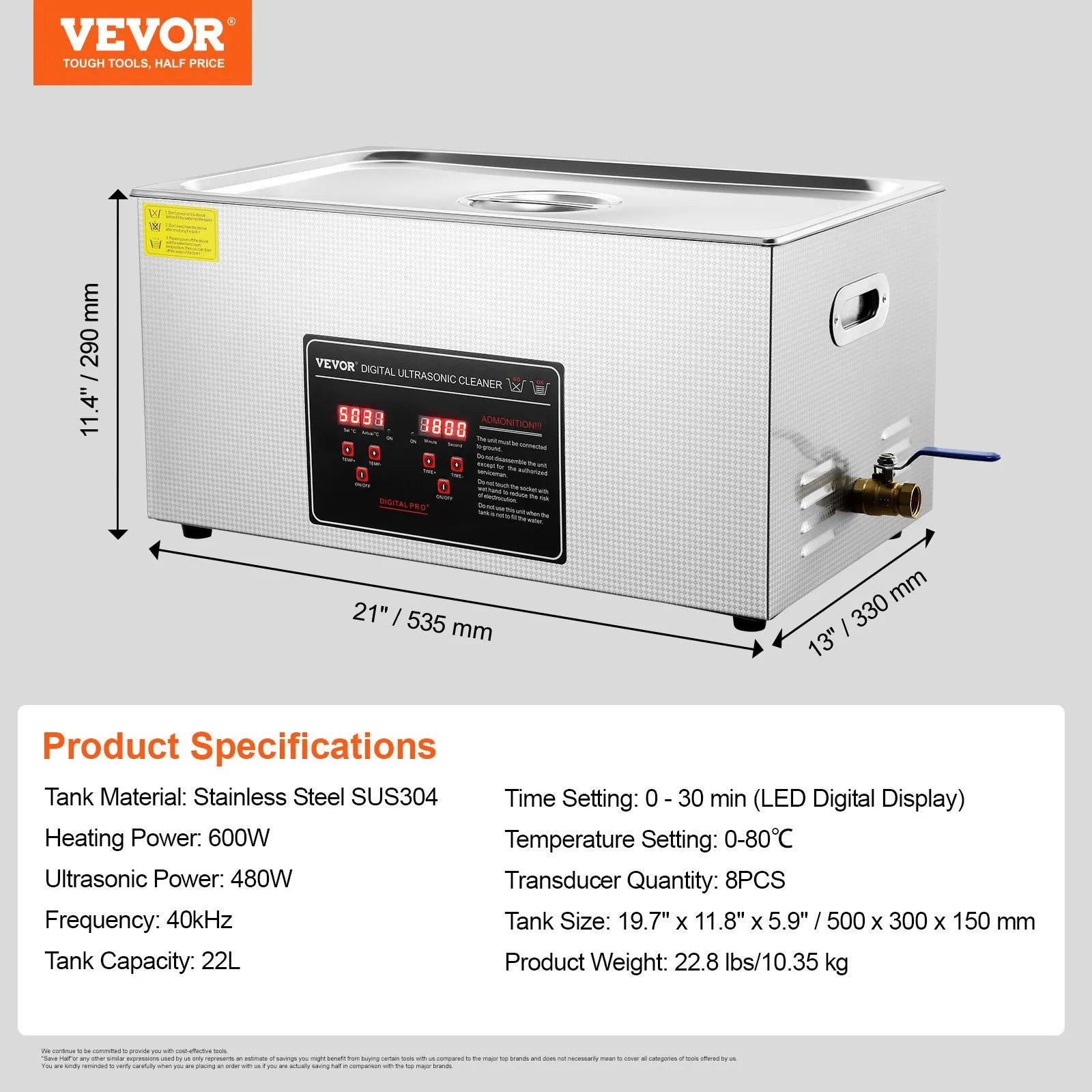 VEVOR Ultrasonic Cleaner with Digital Timer & Heater, Professional Ultra Sonic Jewelry Cleaner, Stainless Steel Heated Cleaning Machine for Glasses Watch Rings Small Parts Circuit Board (22L)
