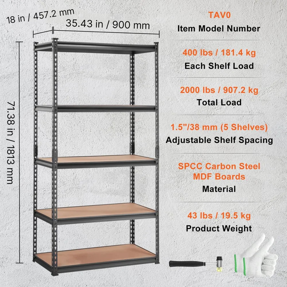 VEVOR Storage Shelving Unit, 5-Tier Adjustable, 2000 lbs Capacity, Heavy Duty Garage Shelves Metal Organizer Utility Rack, Black, 36" L x 18" W x 72" H for Kitchen Pantry Basement Bathroom Laundry