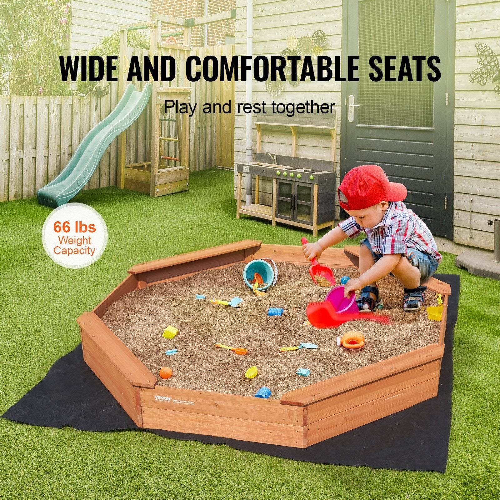 VEVOR Wooden Sandbox with Cover Octagonal Sand Box Sand Pit Outdoor Ages 3-12