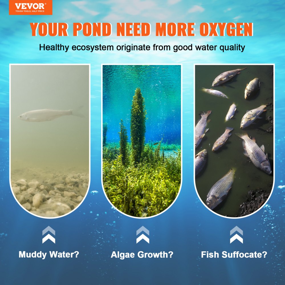 VEVOR Pond Aerator, 550W Power, 5.2CFM for Up to 1 Acre 50' Lake, Pond Aeration Kit Includes 3/4 HP Compressor & 100' Weighted Tubing & Diffuser, Air Compressor for Deep Water Oxygen Circulation