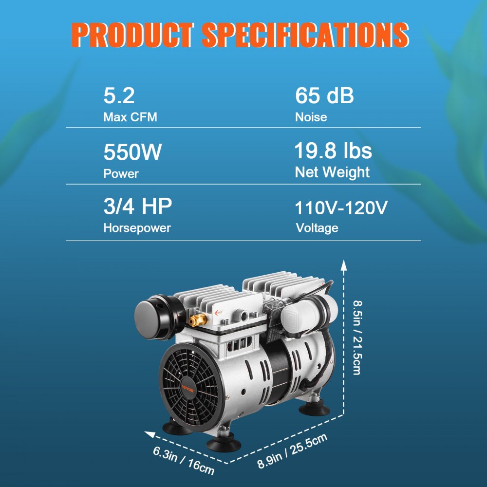 VEVOR Pond Aerator, 550W Power, 5.2CFM for Up to 3 Acre 50' Lake, Pond Aeration Kit Includes 3/4 HP Compressor & Timer & Valves, Air Compressor for Deep Water Oxygen Circulation, for Pond, Lake