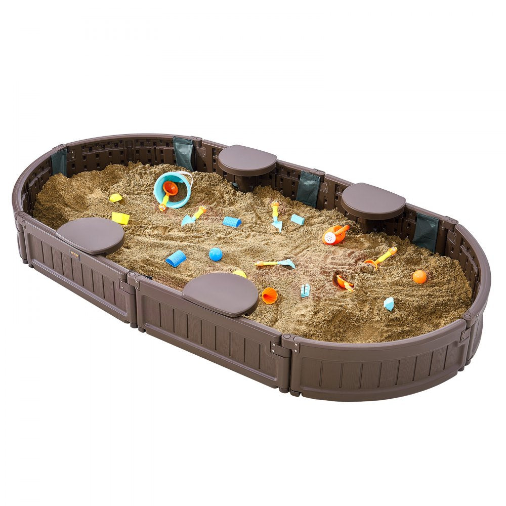 VEVOR Sandbox with Cover, 72 x 41.5 x 9.1 in Oval Sand Box, HDPE Sand Pit with 4 Corner Seating and Bottom Liner, Kids Sandbox for Outdoor Backyard, Beach, Park, Gift for Boys Girls Ages 3-12, Brown