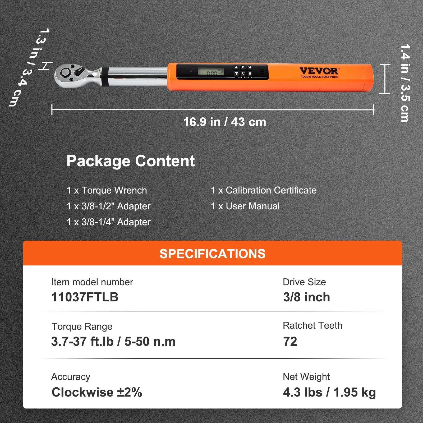 VEVOR Digital Torque Wrench, 3/8" Drive Electronic Torque Wrench, Torque Wrench Kit 3.7-37ft.lb/5-50n.m Torque Range Accurate to ±2%, 3-Mode Adjustable Torque Wrench Set with LED Buzzer Calibration