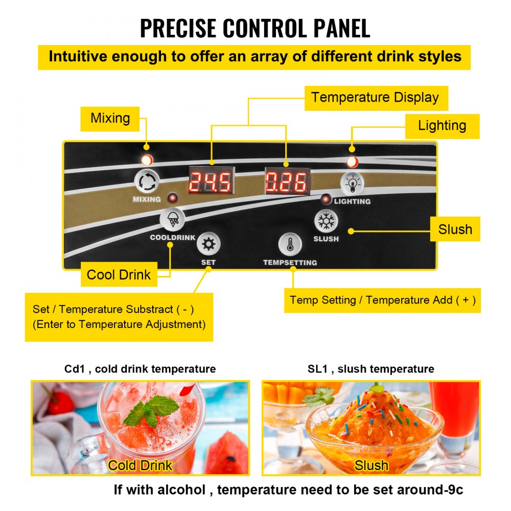 VEVOR Slush Frozen Drink Machine, 15L Tank Commercial Margarita Machine, 500W Stainless Steel Margarita Slush Maker, Temperature Slush 16°F to 32°F Drink Maker, Perfect for Restaurants Cafes Bars