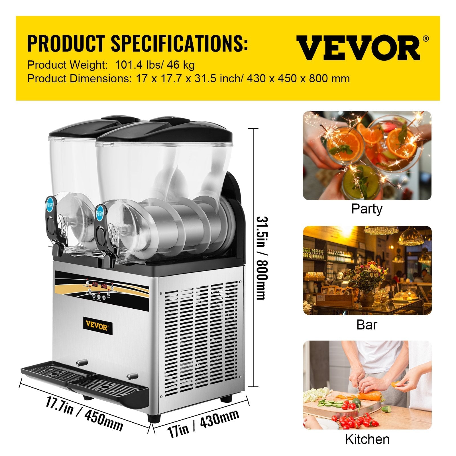 VEVOR Commercial Slushy Machine, 15Lx2 Tank Margarita Maker, 1000W Stainless Steel Smoothie Frozen Drink Maker for Supermarkets Cafés Restaurants Bars Home Use