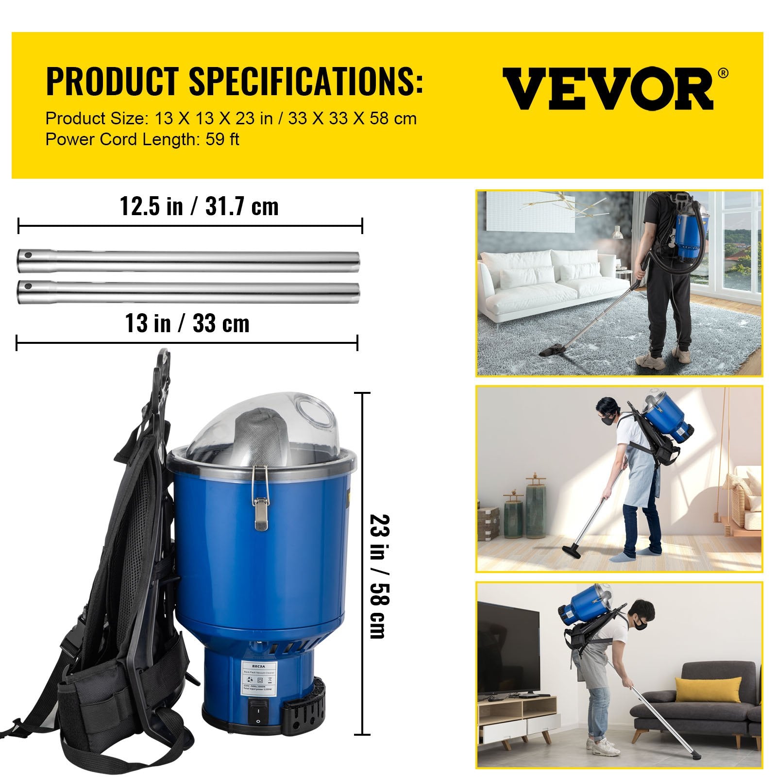 VEVOR Backpack Vacuum, 3.6qt Backpack Vacuum Cleaner, 5-IN-1 Lightweight Backpack Vacuum, HEPA Filtration Vacuum Backpack, Commercial Industrial Backpack Vacuum with Telescoping Wand, Tool Kit, Corded