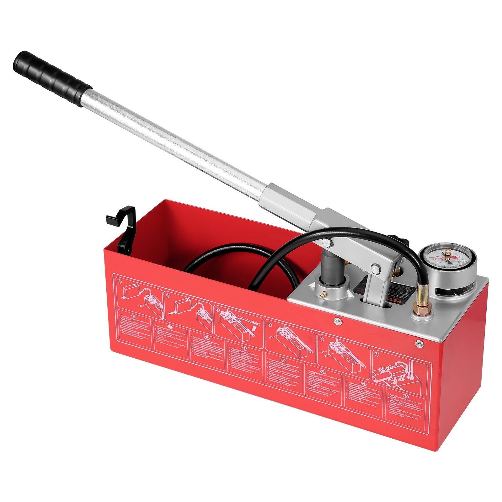 VEVOR Hydrostatic Test Pump, Max 25 bar/362 PSI, Dual Valve Hydraulic Manual Water Pressure Tester Kit with Gauge 2.8 Gal Water Tank, 4.6 ft Hose with 1/2 inch External Thread Connector for Pipeline