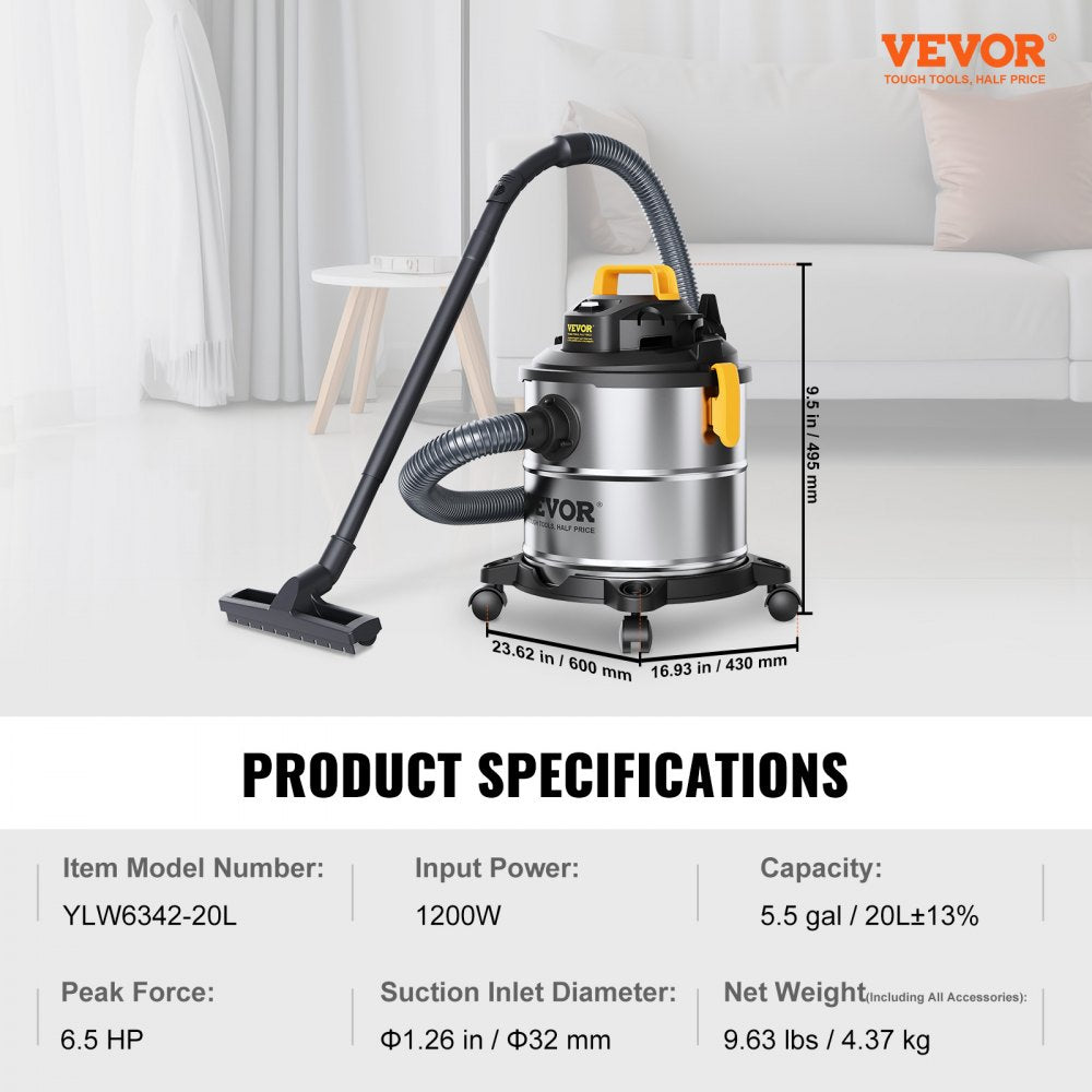 VEVOR Stainless Steel Wet Dry Shop Vacuum, 5.5 Gallon 6 Peak HP Wet/Dry Vac, Powerful Suction with Blower Function with Attachments 2-in-1 Crevice Nozzle, Small Shop Vac Perfect for Carpet Debris, Pet