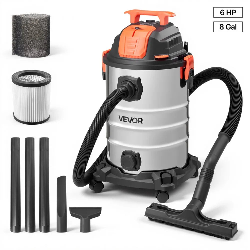 VEVOR 8 Gallon Wet Dry Shop Vacuum, 6 Peak HP Shop Vac with Self-Cleaning Filter, Metal Tank & Dual Filtration System