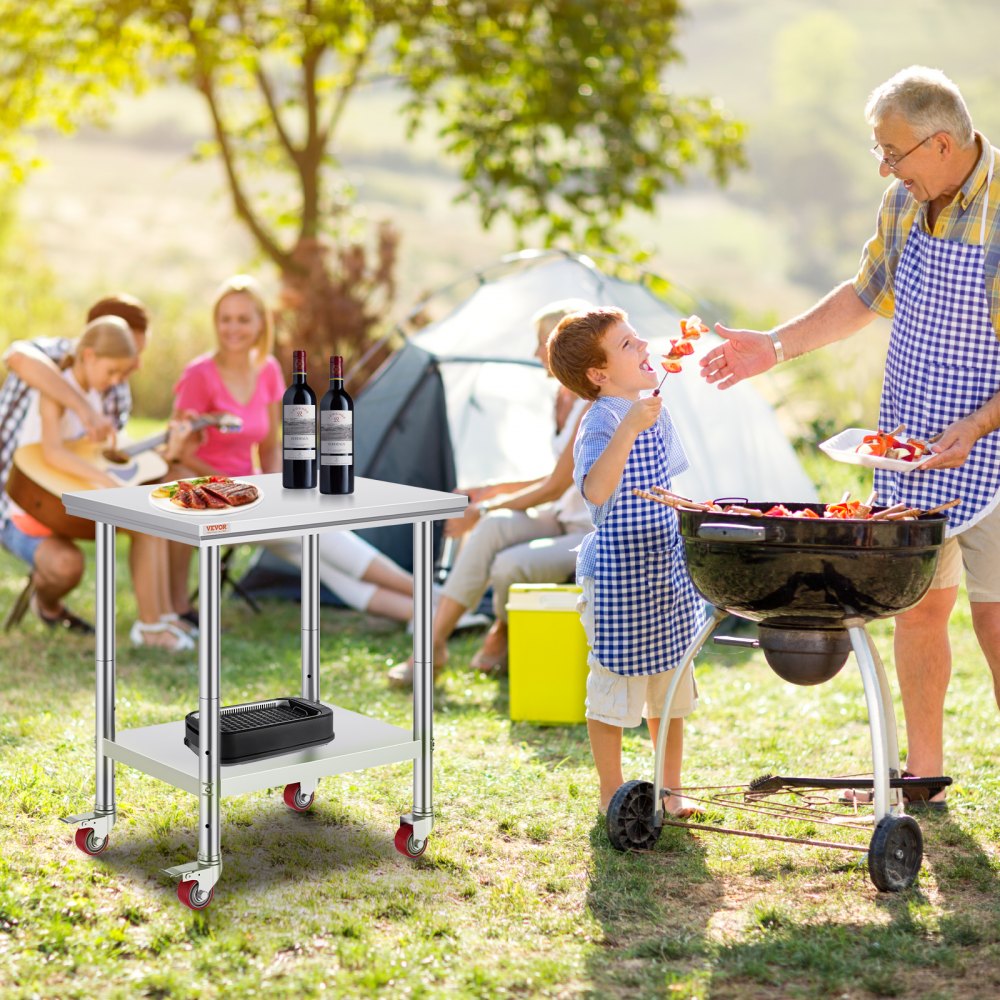 VEVOR Stainless Steel Work Table with Wheels 24 x 30 Prep Table with casters Heavy Duty Work Table for Commercial Kitchen Restaurant Business
