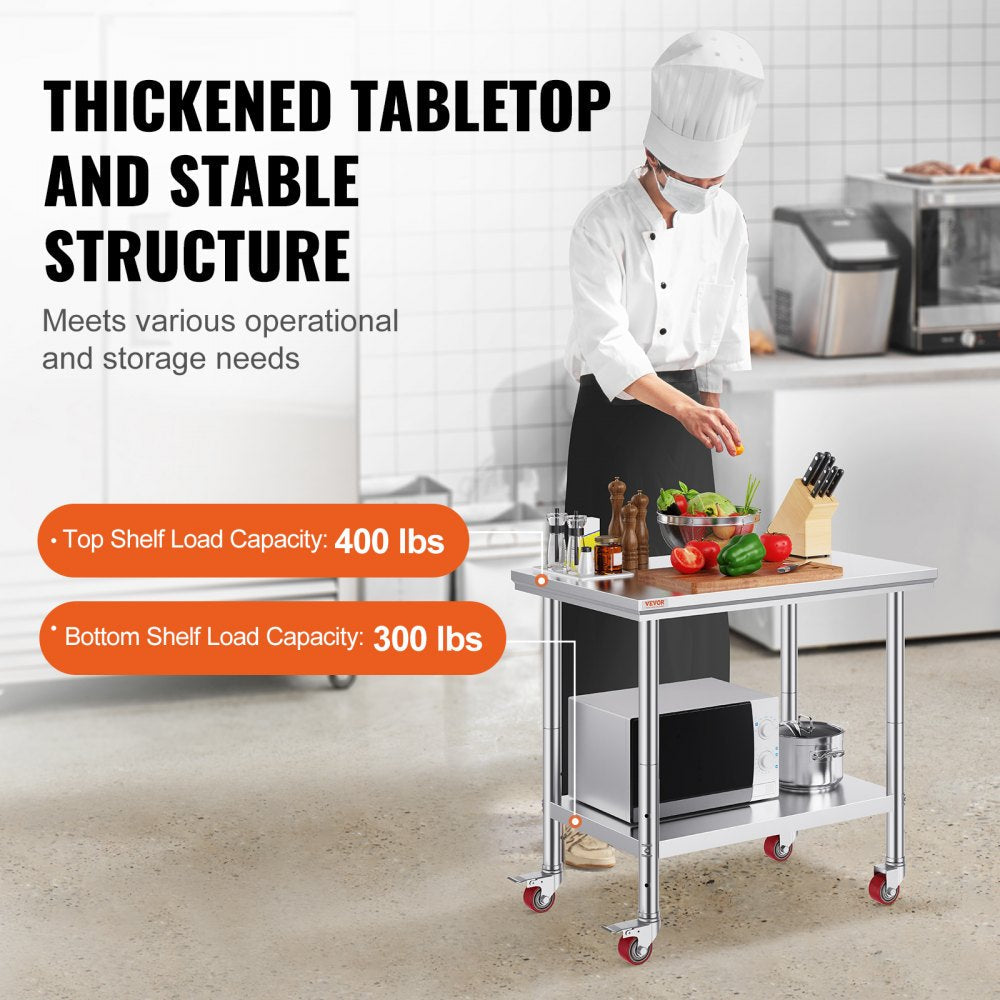 VEVOR 36x24x31.5 inch NSF Stainless Steel Work Table with Wheels Prep Table with casters Heavy Duty Work Table for Commercial Kitchen Restaurant Business Garage 350 lb Capacity