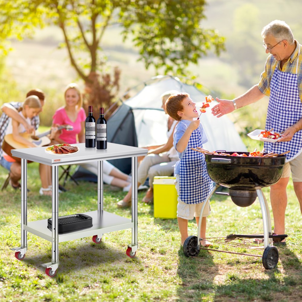 VEVOR 36x24x31.5 inch NSF Stainless Steel Work Table with Wheels Prep Table with casters Heavy Duty Work Table for Commercial Kitchen Restaurant Business Garage 350 lb Capacity