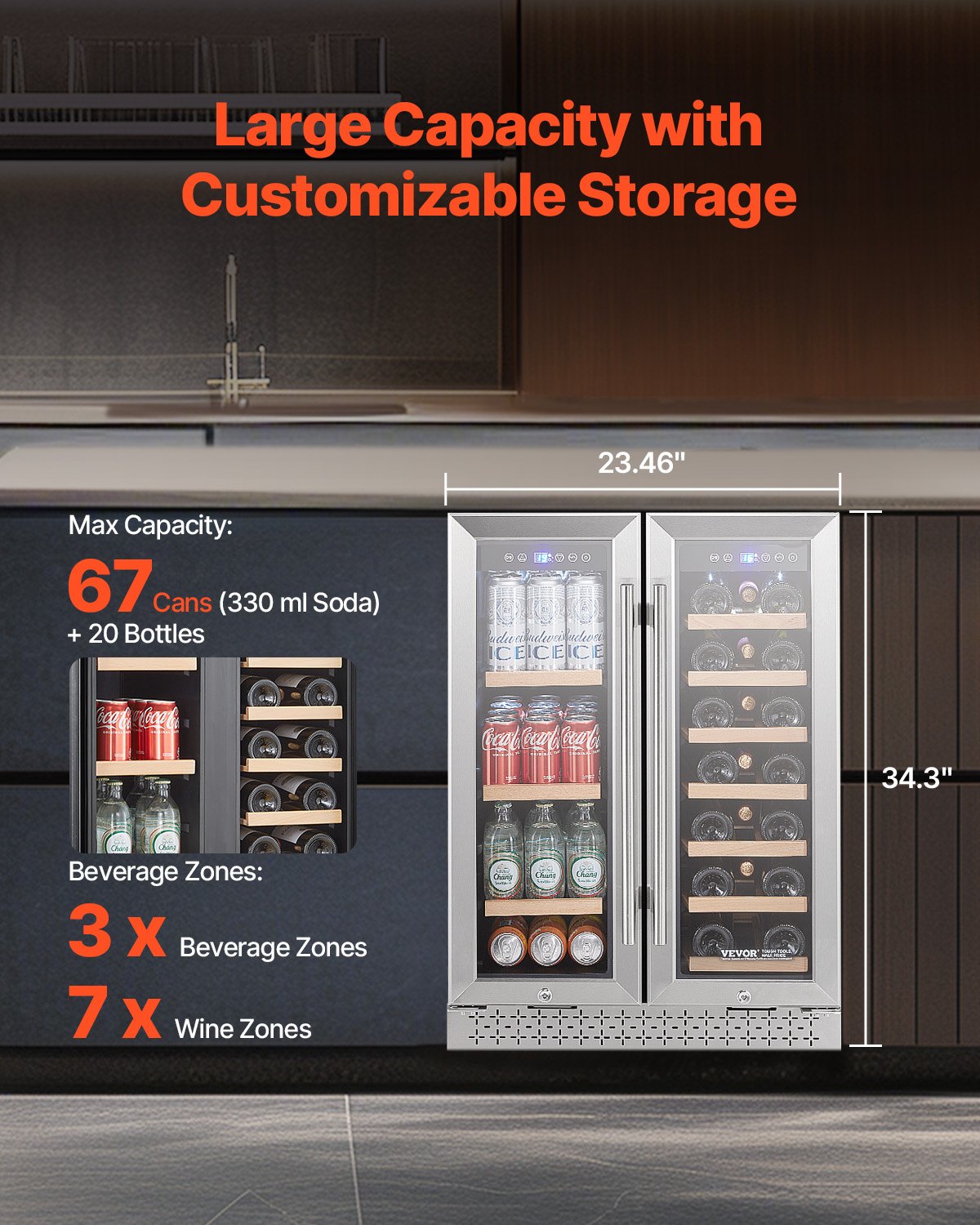 VEVOR Wine and Beverage Refrigerator 24 in Dual Zone Wine Cooler Glass Doors