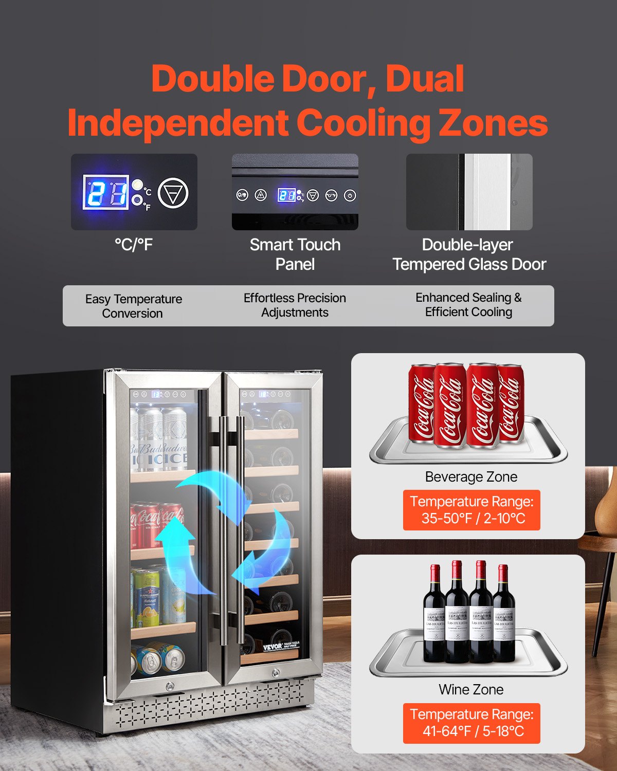 VEVOR Wine and Beverage Refrigerator 24 in Dual Zone Wine Cooler Glass Doors