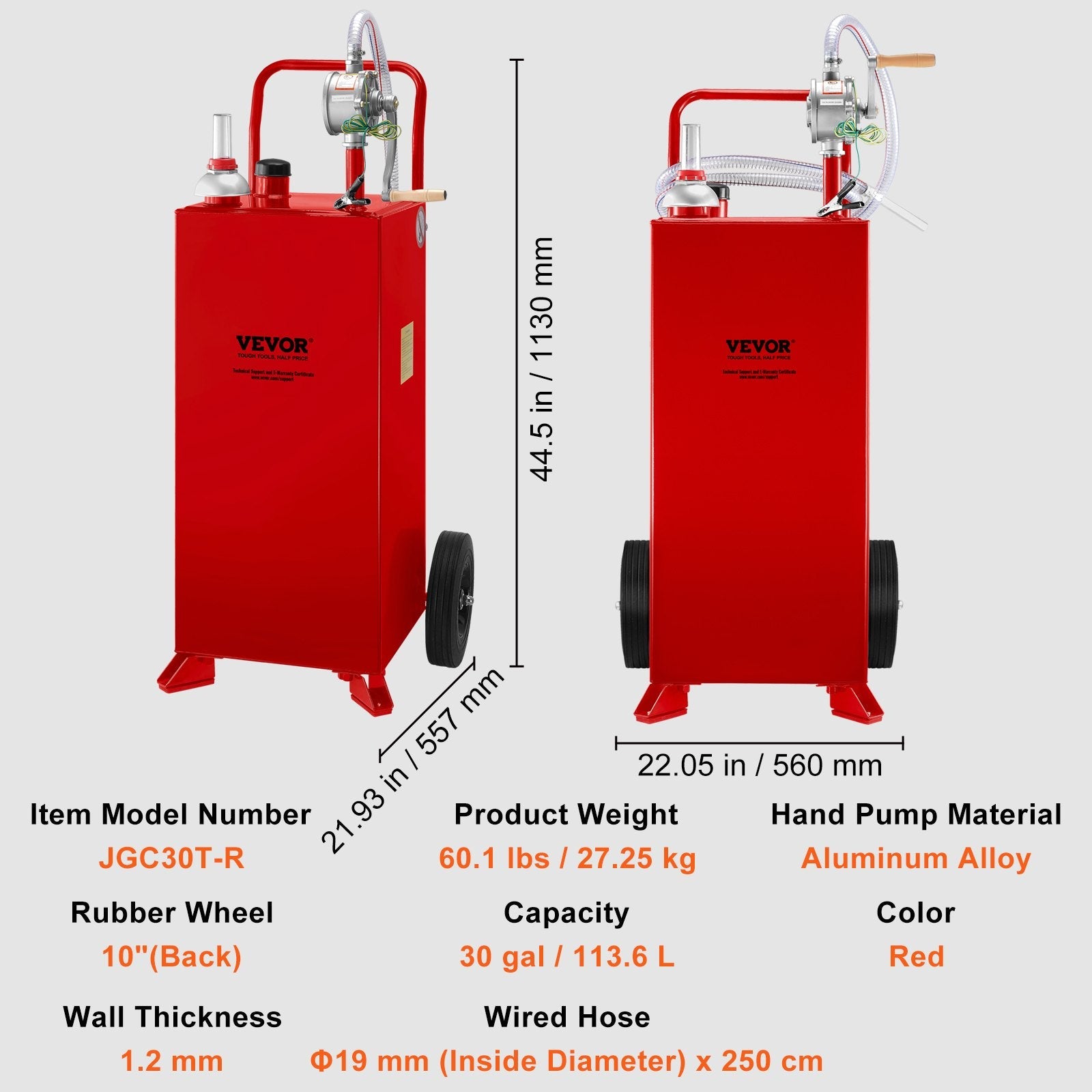 VEVOR 30 Gallon Fuel Caddy, Gas Storage Tank & 2 Wheels, with Manuel Transfer Pump, Gasoline Diesel Fuel Container for Cars, Lawn Mowers, ATVs, Boats, More, Red