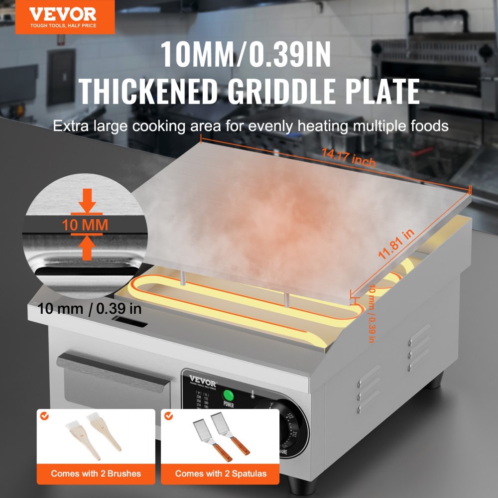 VEVOR Commercial Electric Griddle, 1700W Countertop Flat Top Grill, 122?-572 ? Adjustable Temp, 14.17 x 11.81 x 0.39in Stainless Steel Griddle Grill with 2 Shovels and 2 Brushes for Home or Restaurant