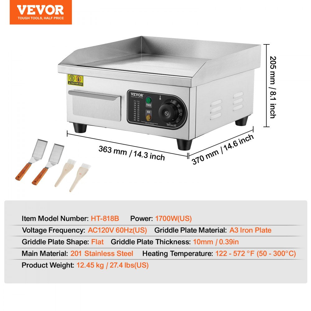VEVOR Commercial Electric Griddle, 1700W Countertop Flat Top Grill, 122?-572 ? Adjustable Temp, 14.17 x 11.81 x 0.39in Stainless Steel Griddle Grill with 2 Shovels and 2 Brushes for Home or Restaurant