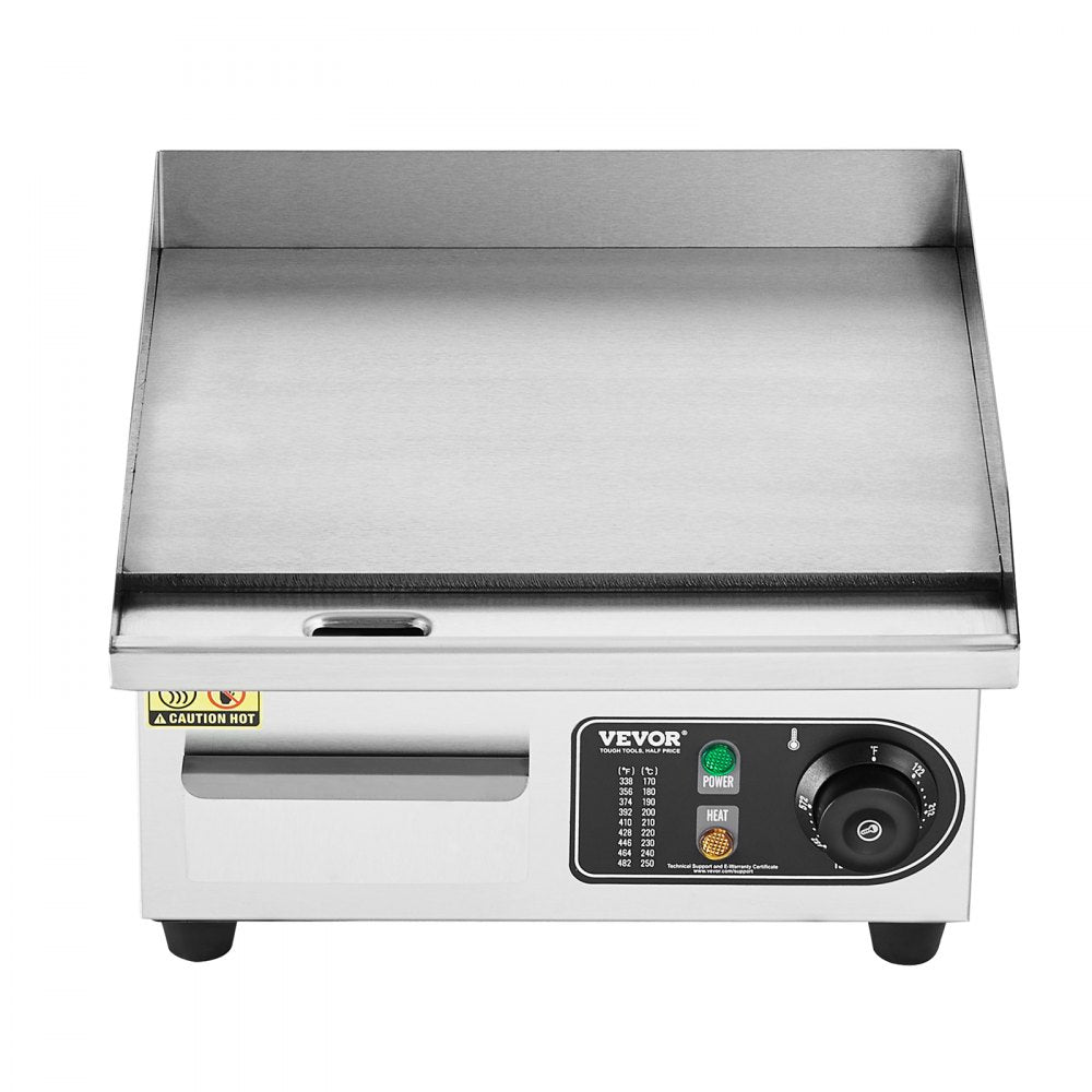 VEVOR Commercial Electric Griddle, 1700W Countertop Flat Top Grill, 122?-572 ? Adjustable Temp, 14.17 x 11.81 x 0.39in Stainless Steel Griddle Grill with 2 Shovels and 2 Brushes for Home or Restaurant