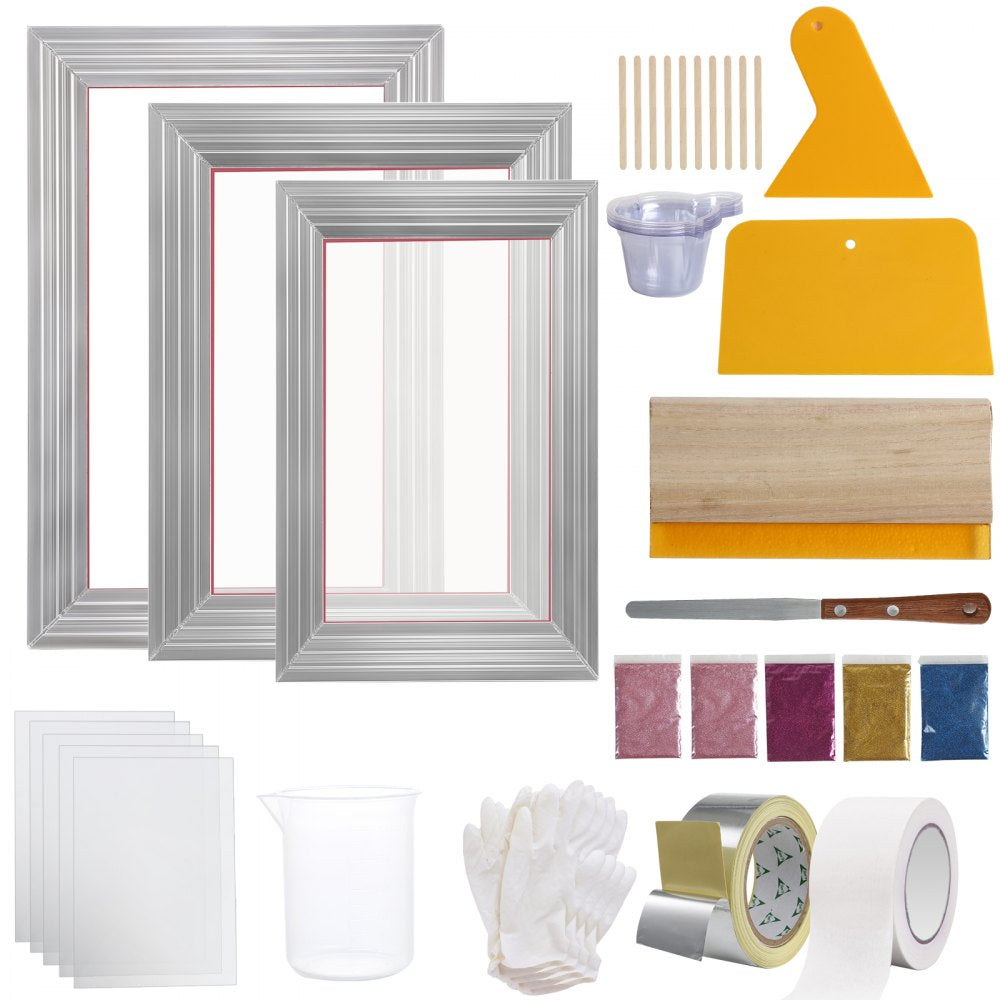 VEVOR Screen Printing Kit, 3 Pieces Aluminum Silk Screen Printing Frames 6x10/8x12/10x14inch 110 Count Mesh, 5 Glitters and Screen Printing Squeegees and Transparency Films for T-shirts DIY Printing