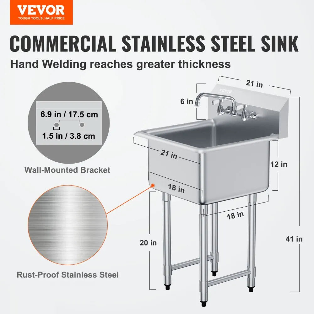 VEVOR Stainless Steel Prep & Utility Sink, 1 Compartment Free Standing Small Sink Include Faucet & legs, 21"x41" Commercial Single Bowl Sinks for Garage, Restaurant, Kitchen, Laundry, NSF Certified