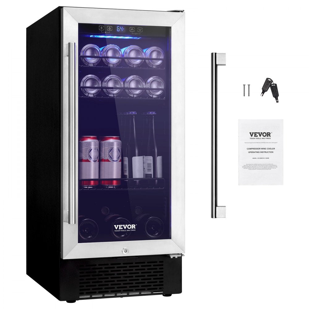 VEVOR Wine Cooler, 96 Cans Capacity Under Counter Built-in or Freestanding Wine Refrigerator, Beverage Cooler with Blue LED Light, Single Door, Child Lock for Drink Beer Soda Wine Water, ETL Listed
