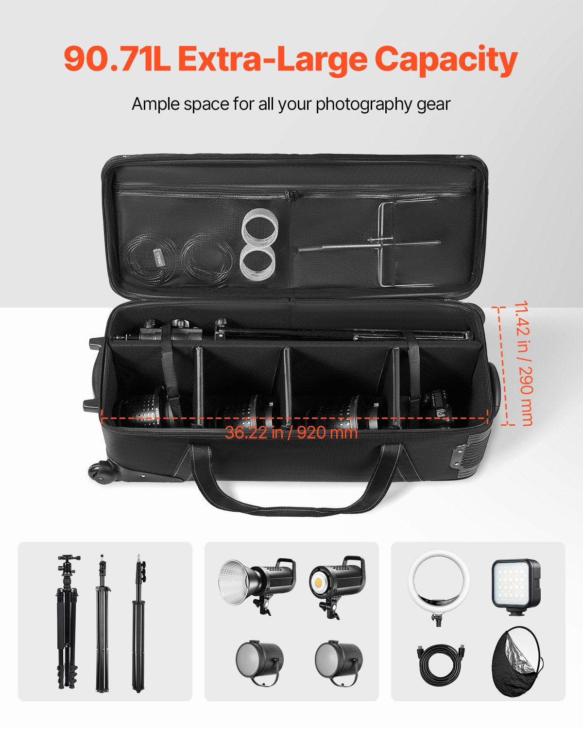 VEVOR Studio Equipment Trolley Case 39.37 x 14.96 x 12.60 in Rolling Camera Bag