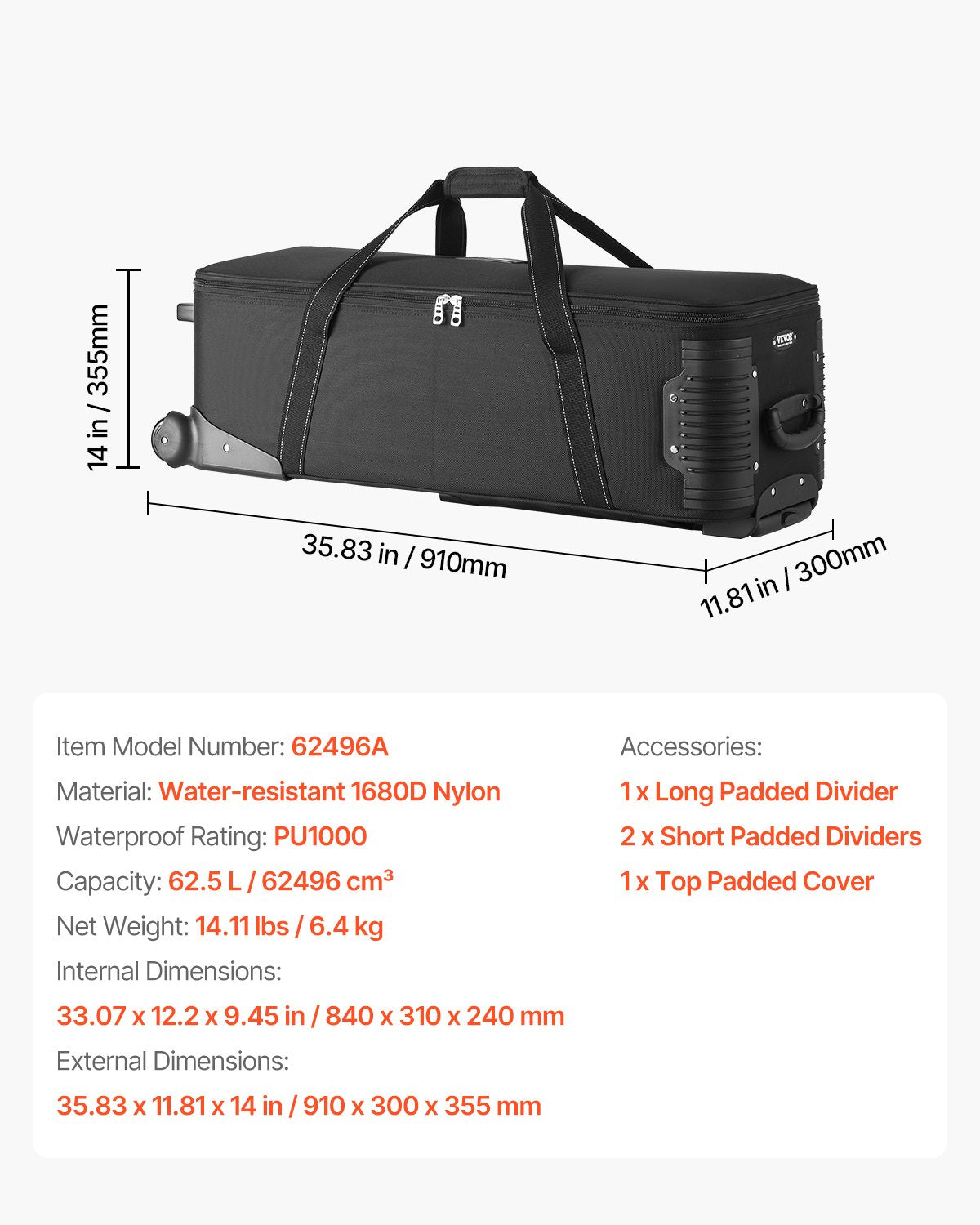 VEVOR Studio Equipment Trolley Case 35.83 x 11.81 x 14 in Rolling Camera Bag