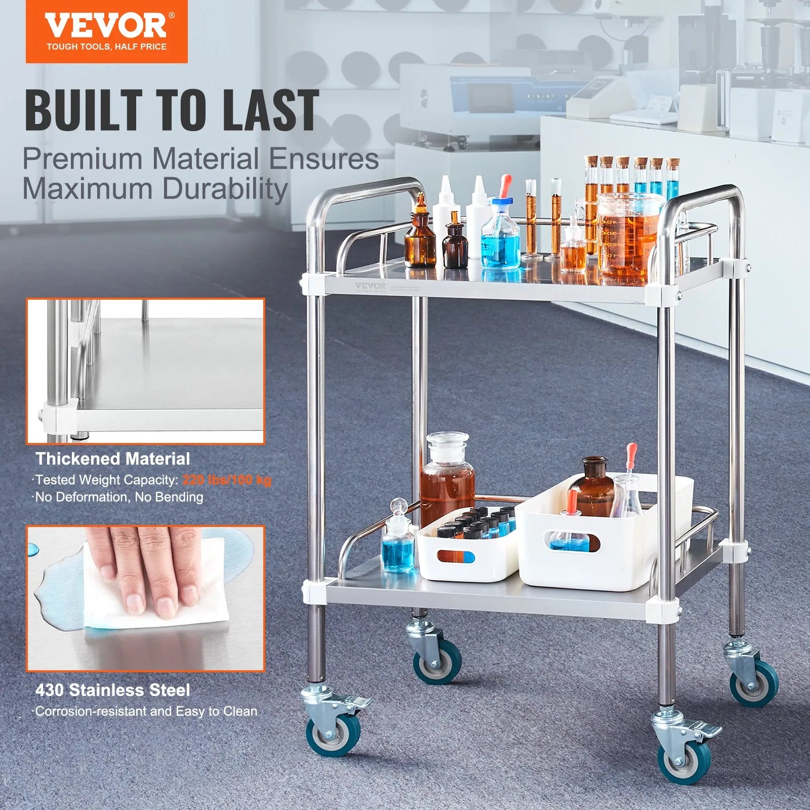 VEVOR Lab Rolling Cart, 2-Shelf Stainless Steel Rolling Cart, Lab Serving Cart with Swivel Casters, Dental Utility Cart for Clinic, Lab, Hospital, Salon, 15.16"x21.57"x34.06"