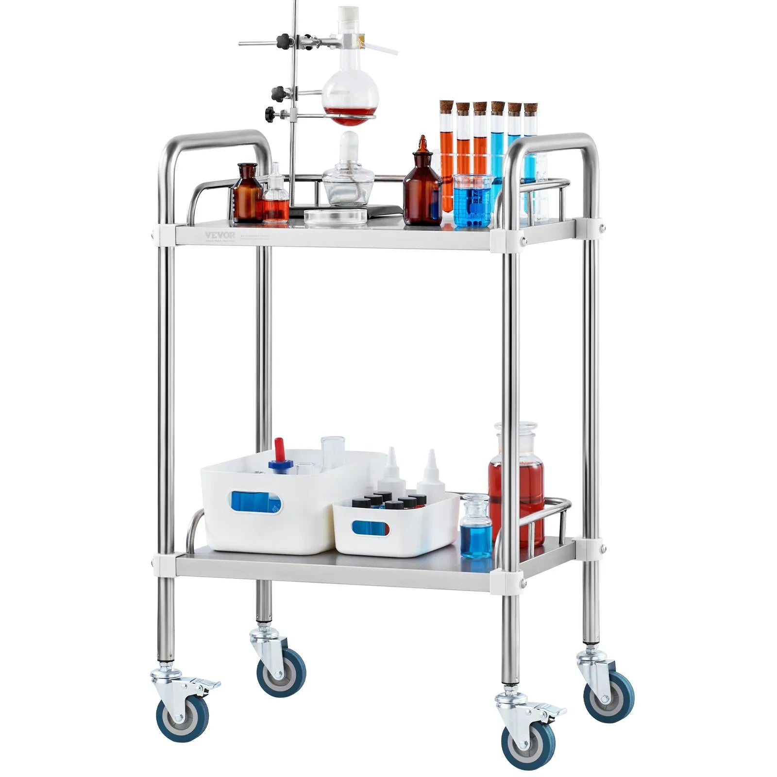 VEVOR Lab Rolling Cart, 2-Shelf Stainless Steel Rolling Cart, Lab Serving Cart with Swivel Casters, Dental Utility Cart for Clinic, Lab, Hospital, Salon, 15.16"x21.57"x34.06"