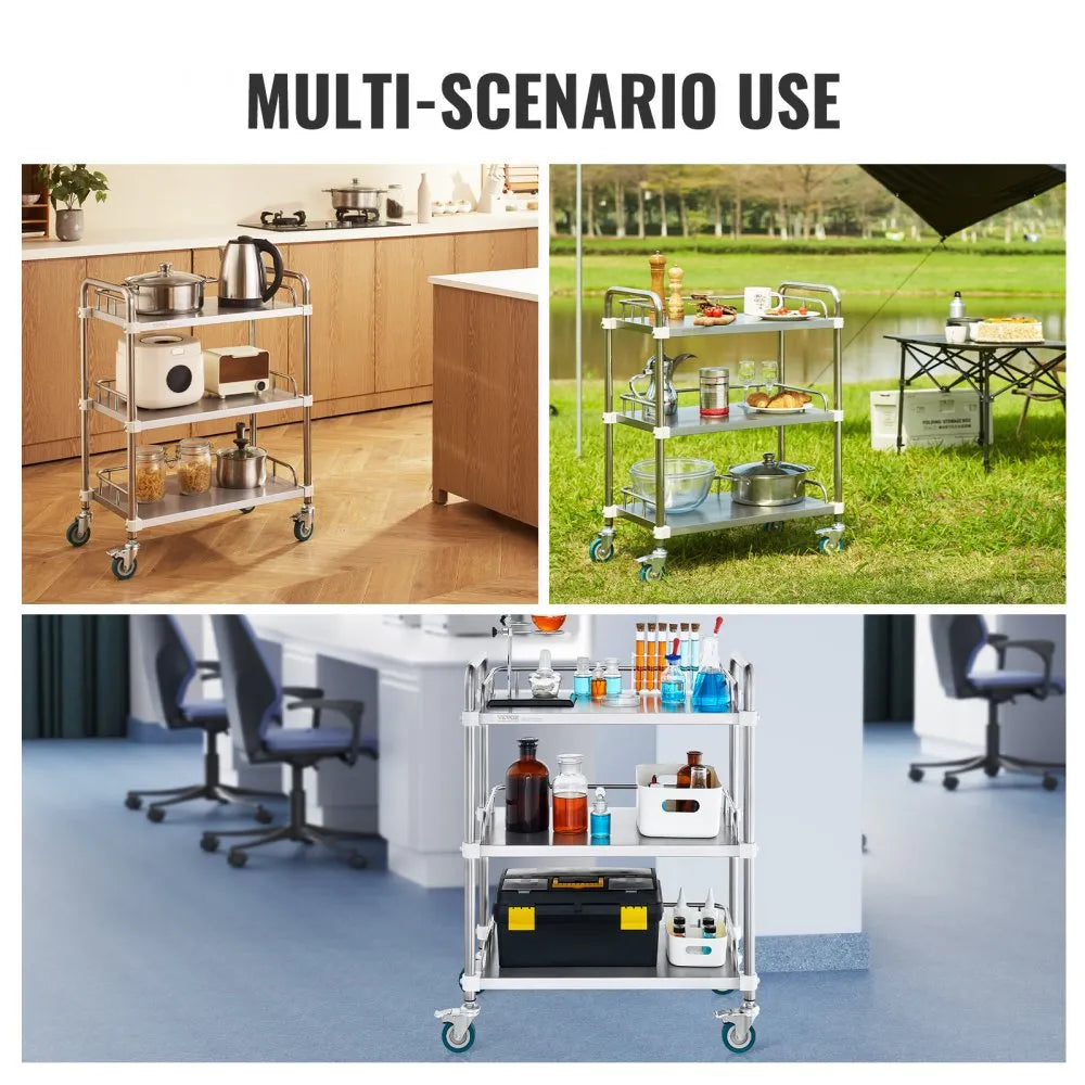 VEVOR Lab Rolling Cart, 3-Shelf Stainless Steel Rolling Cart, Lab Serving Cart with Swivel Casters, Dental Utility Cart for Clinic, Lab, Hospital, Salon, 26.38"x15.55"x34.13"