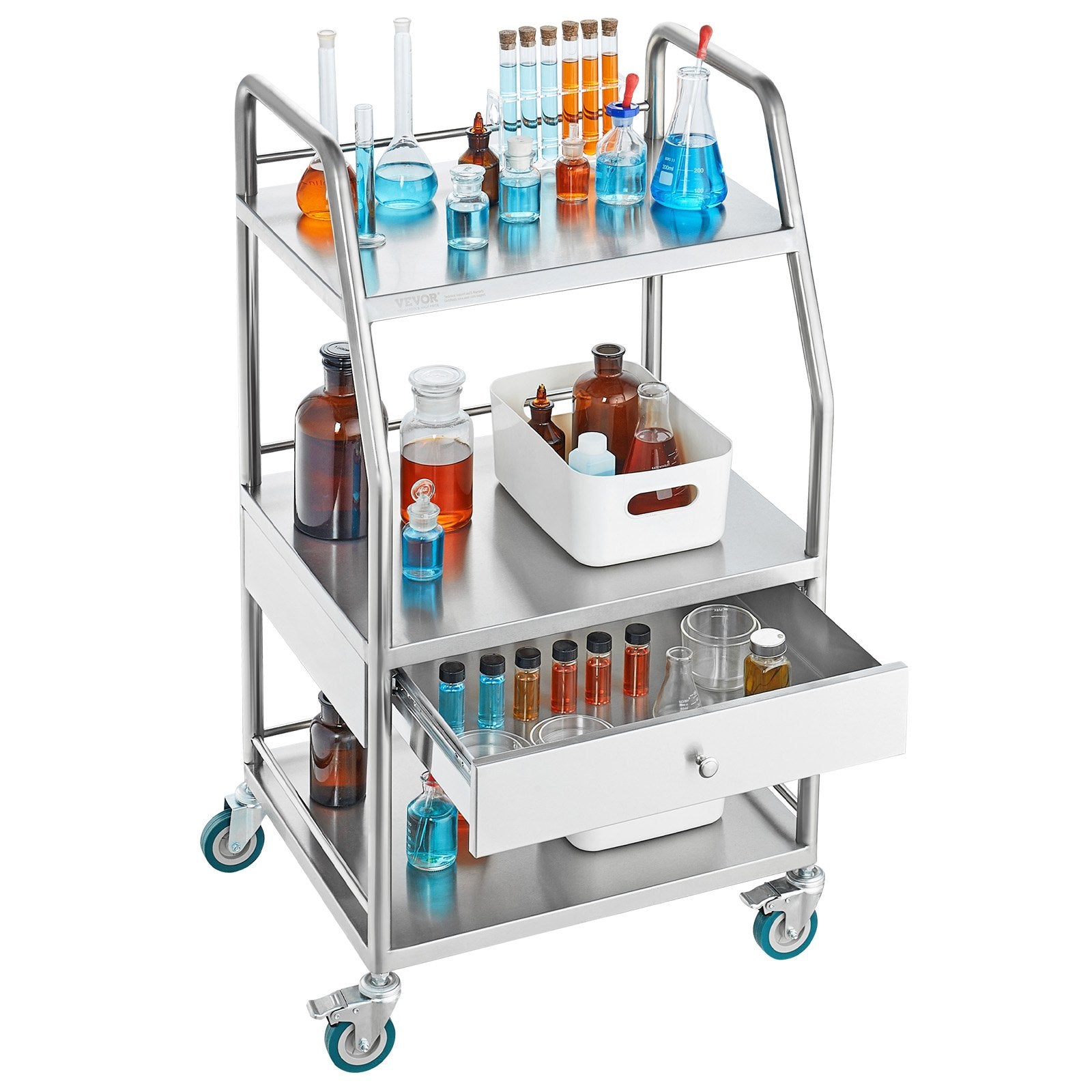 VEVOR Lab Rolling Cart Dental Lab Serving Cart 3 Tiers 1 Drawer Stainless Steel