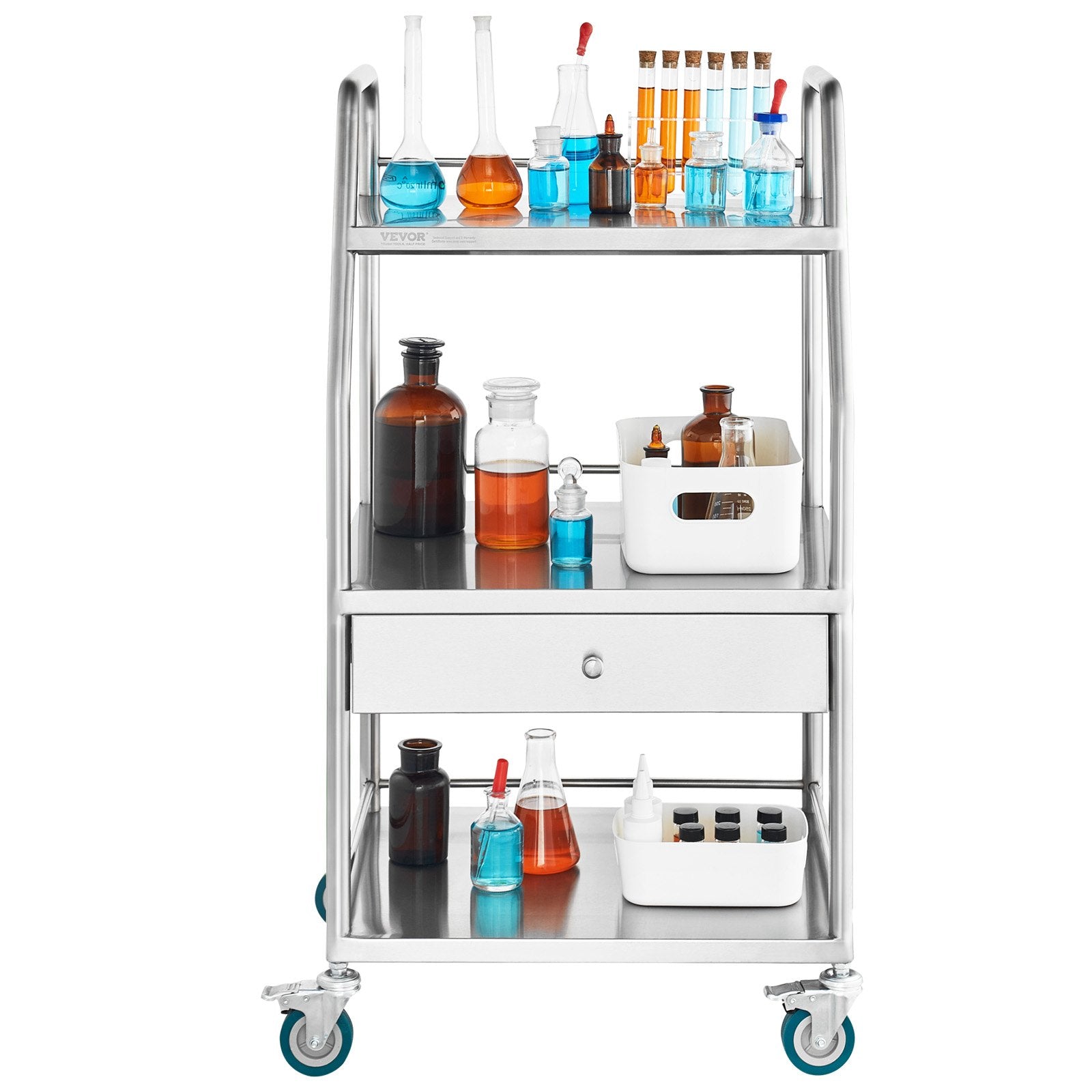 VEVOR Lab Rolling Cart Dental Lab Serving Cart 3 Tiers 1 Drawer Stainless Steel