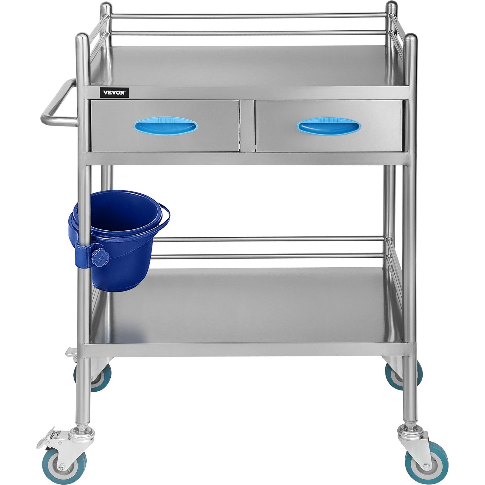VEVOR Lab Serving Cart Utility Cart with Two-Story Rolling Cart with Two Drawers for Lab Equipment Use Stainless Steel Utility Services (2 Shelves / 2 Drawer)