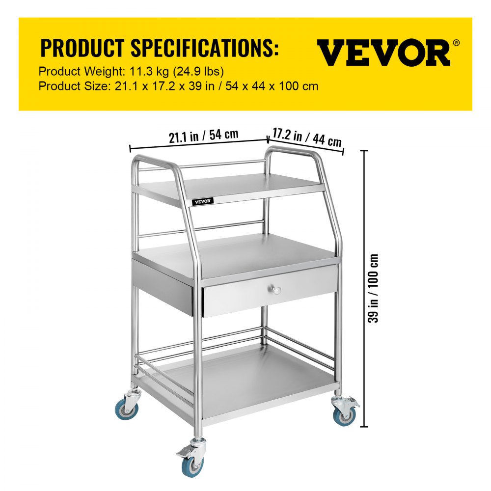 VEVOR Utility Cart with 3 Shelves Shelf Stainless Steel with Wheels Rolling Cart Commercial Wheel Dental Lab Cart Utility Services (3 Shelves/ 1 Drawer)