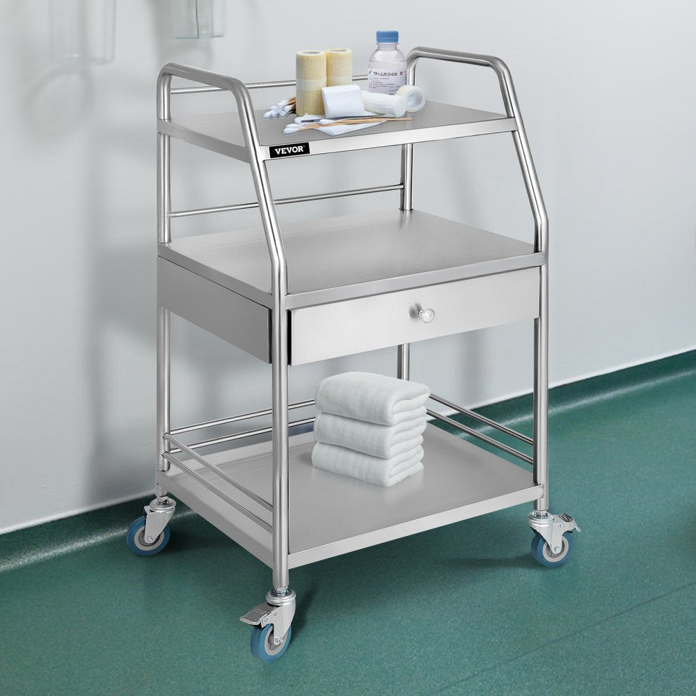 VEVOR Utility Cart with 3 Shelves Shelf Stainless Steel with Wheels Rolling Cart Commercial Wheel Dental Lab Cart Utility Services (3 Shelves/ 1 Drawer)